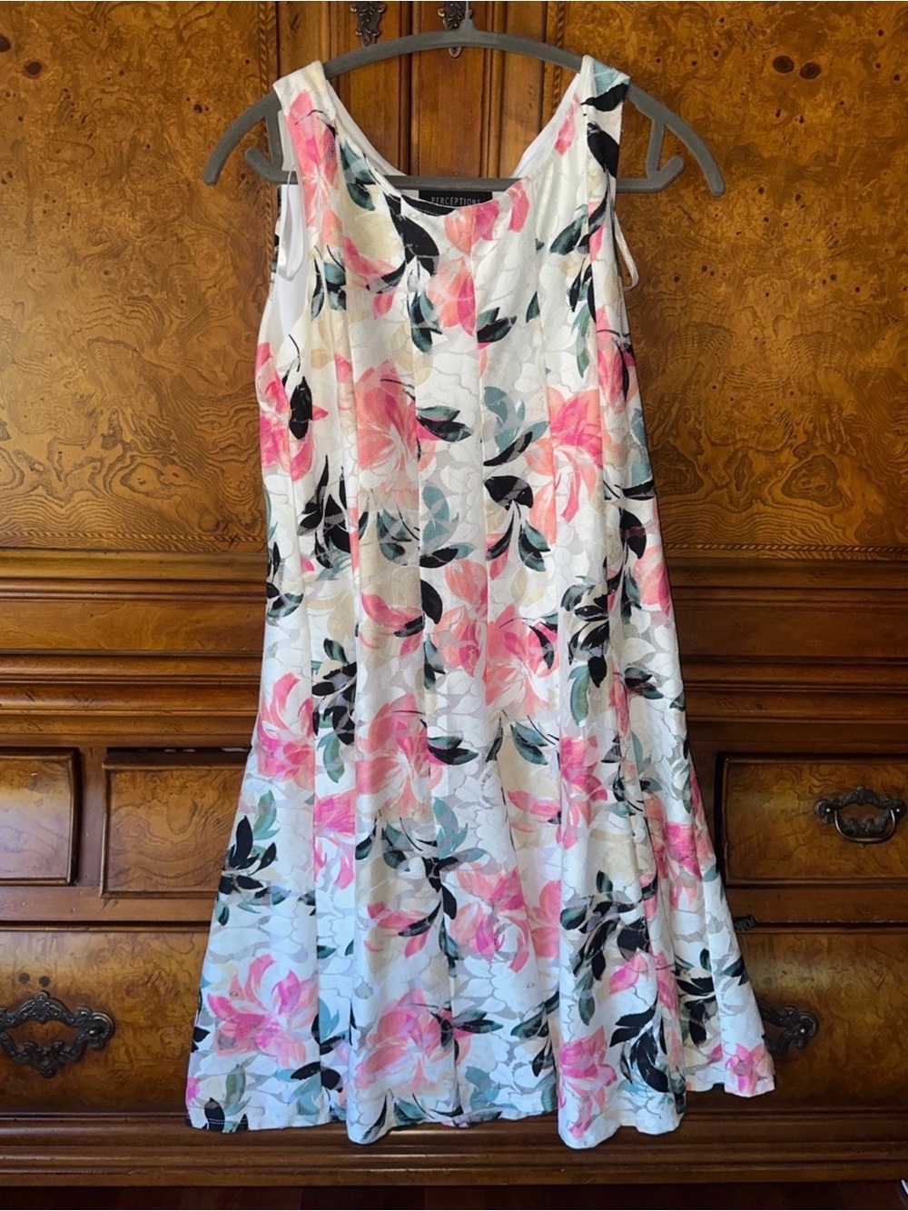 Perceptions White Tank A-Line Dress with Pink Floral Print